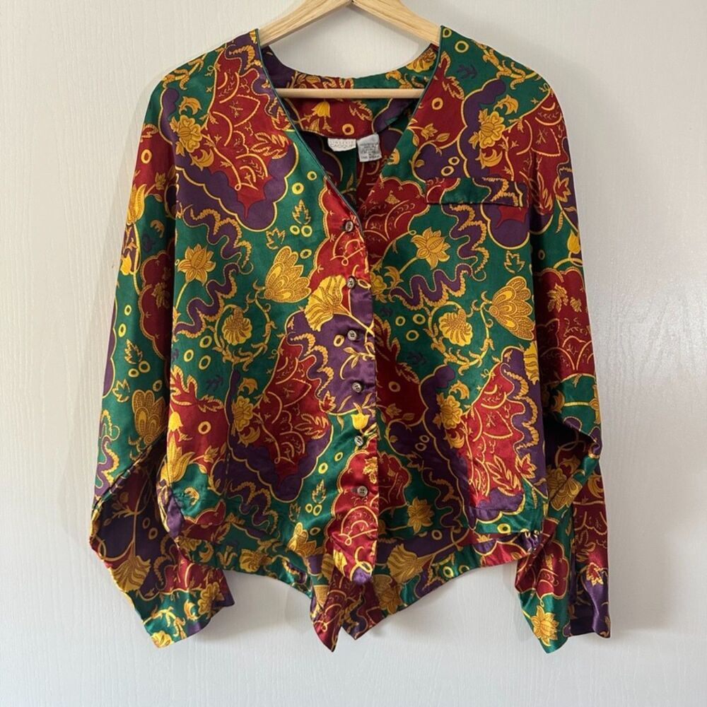 Vintage Cacique 80s Asymmetrical Hem Printed Satin Blouse Pajama Floral‎ Medium